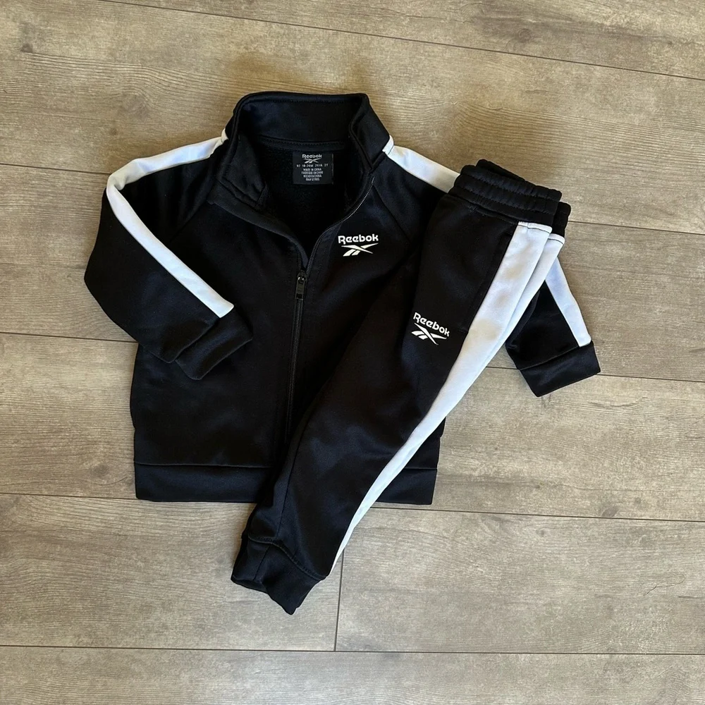 Reebok 18-24 Month Unisex Track Suit Outfit Full Zip Jacket & Jogger Black White - Picture 2 of 8